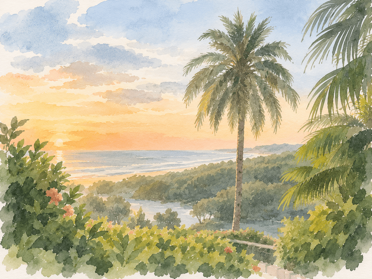 Watercolour of the sun setting over the jungle and the sea at Nosara